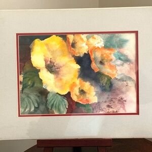 Yellow and Orange Poppy Flowers Original Vintage Watercolor Signed Local Artist